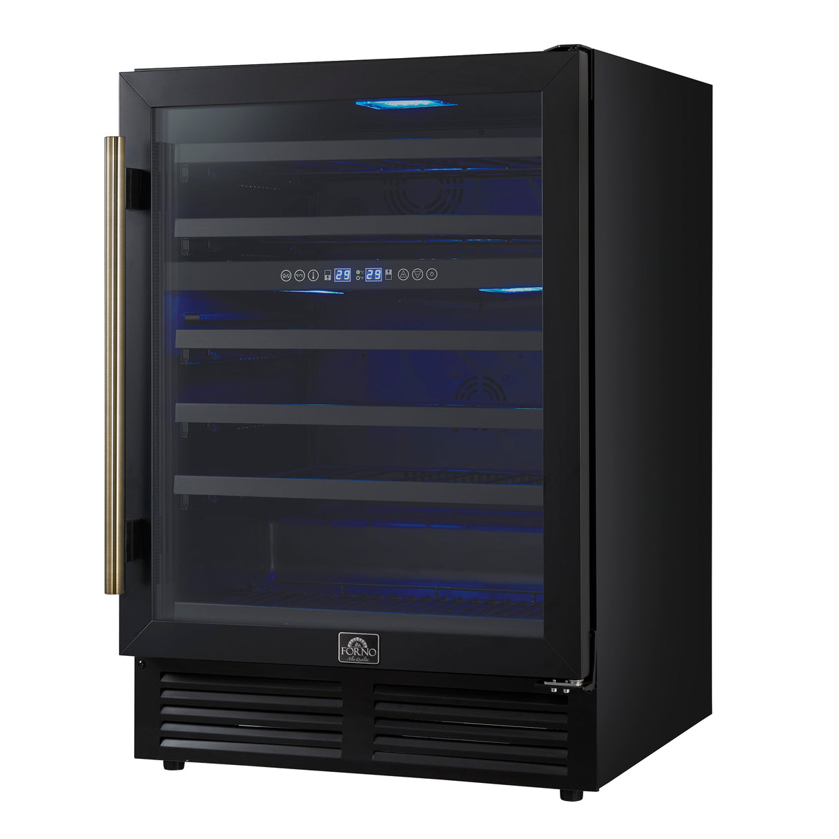 FORNO Bacchino 24" 51 Bottle 2 Zone Wine Cooler with LED Lighting and Triple Glass Door in Black with Antique Brass Accents, FWCDR6634-24KBLK