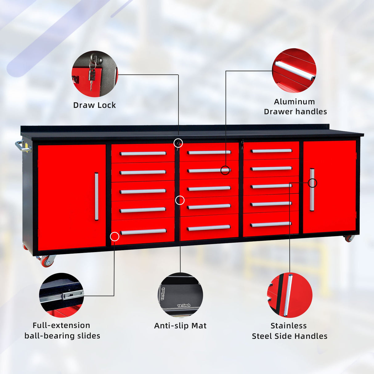 10ft 15-Drawer Storage Workbench with Wheels