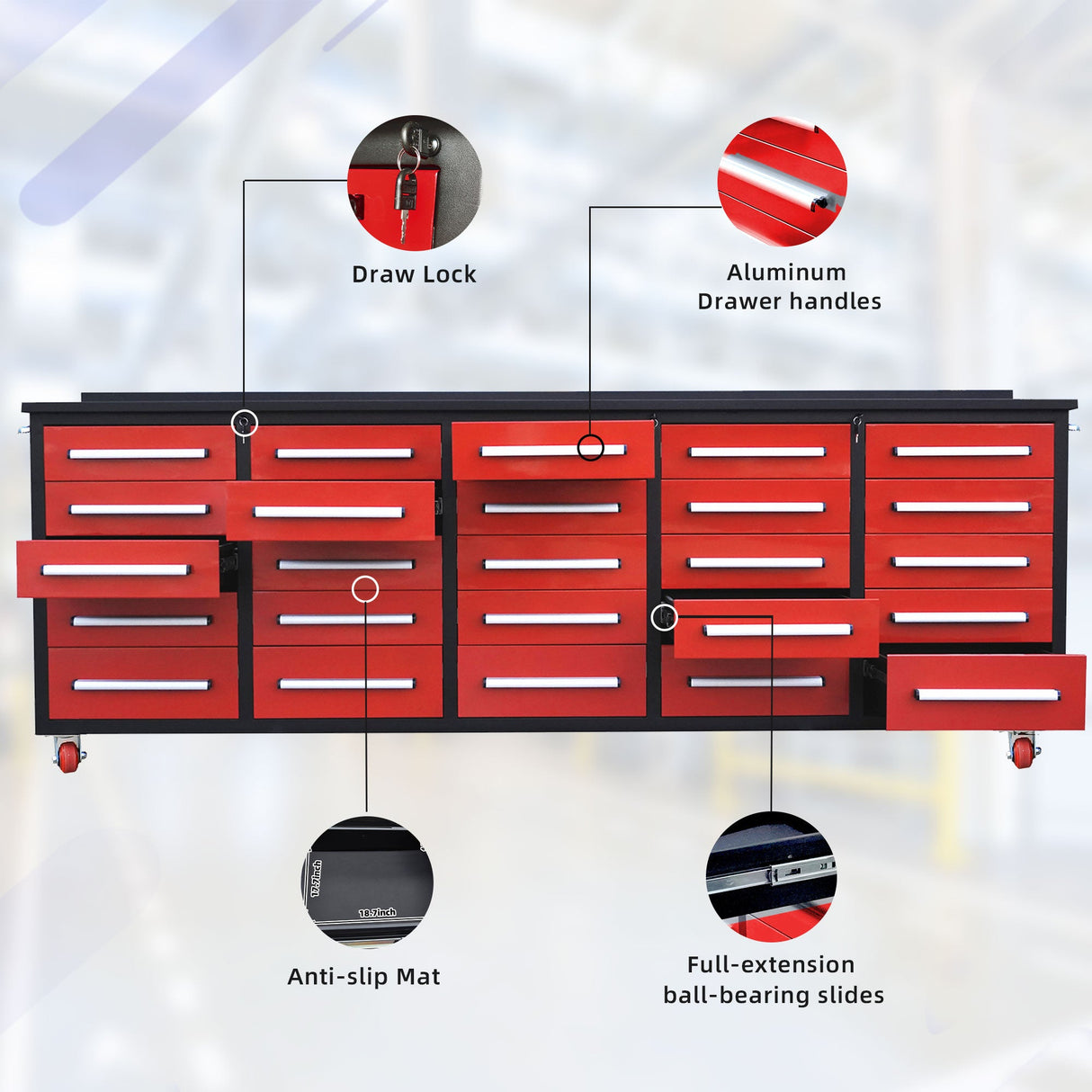 10ft 25-Drawer Storage Workbench with Wheels