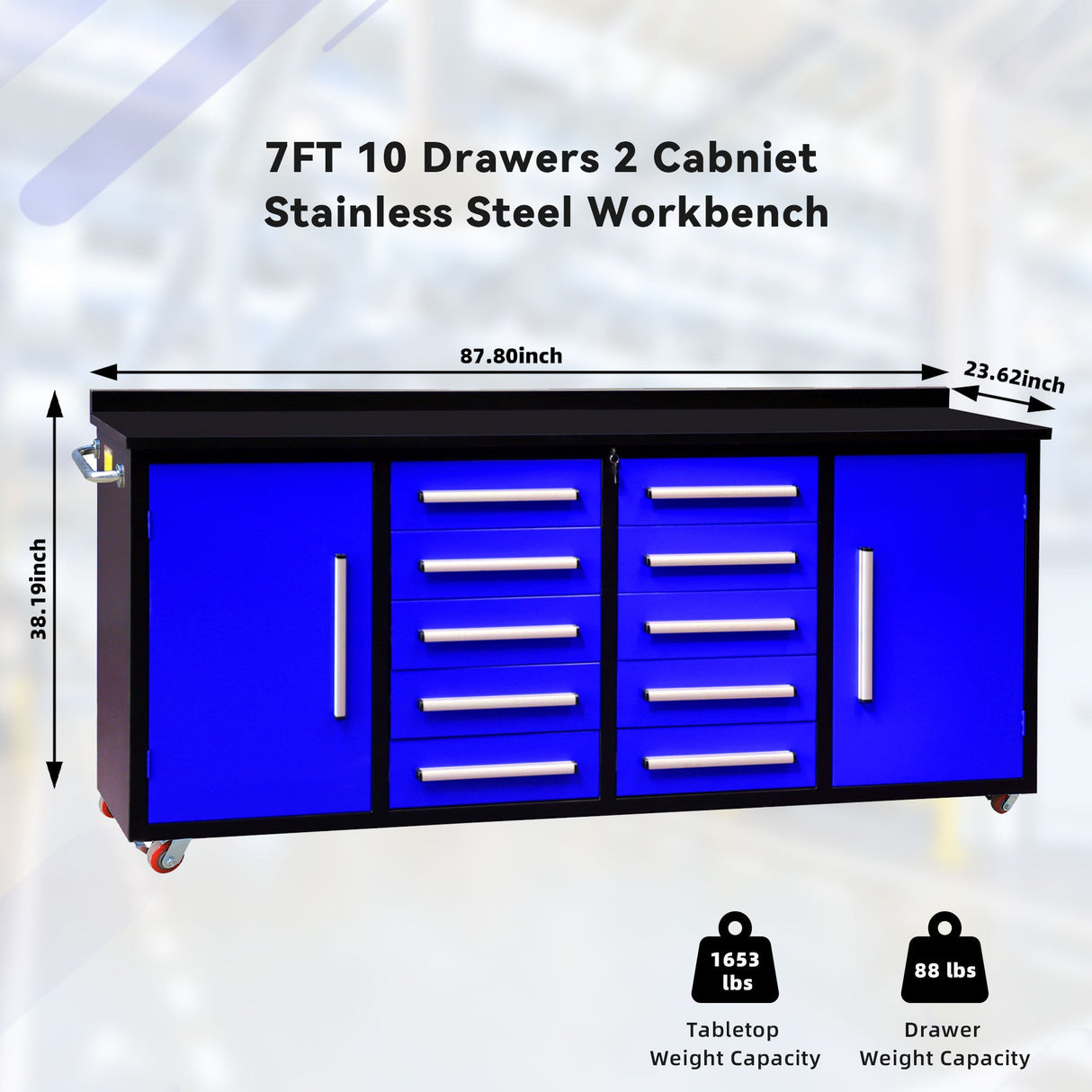 7ft 10-drawer Storage Workbench with Wheels