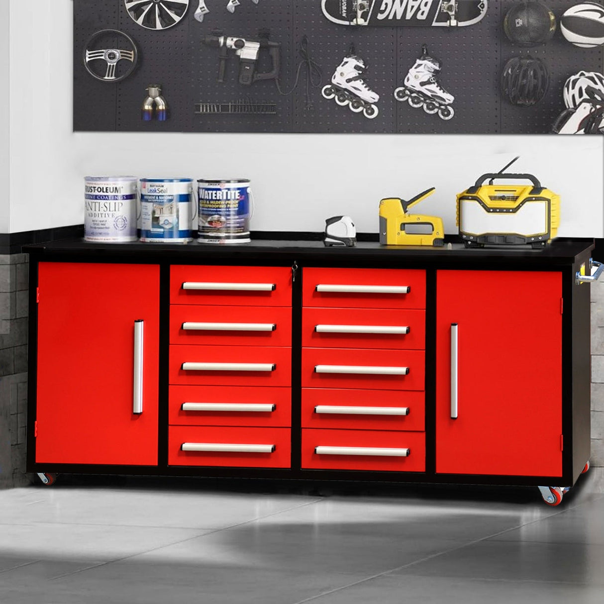 7ft 10-drawer Storage Workbench with Wheels