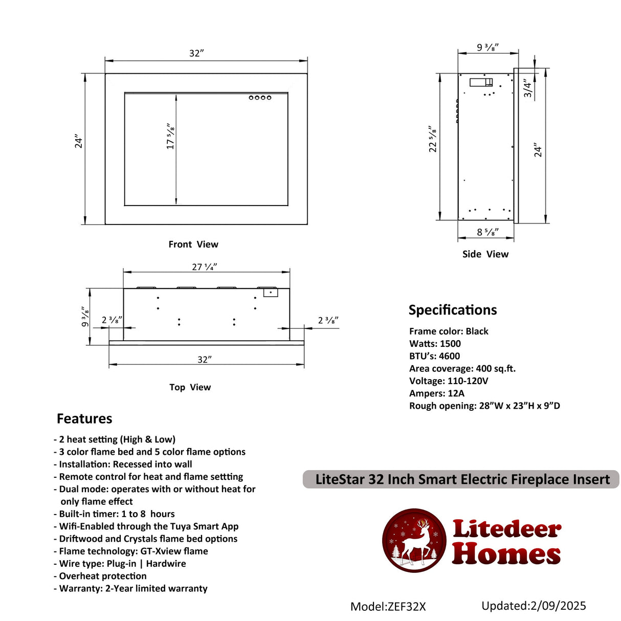 2025 New LiteStar ZEF32X – 32-inch Smart Electric Fireplace Insert Multi-Flame Style | Breathing Logs | Smart App | 5 Unique Flame Colors | Adjustable Crackling Sounds