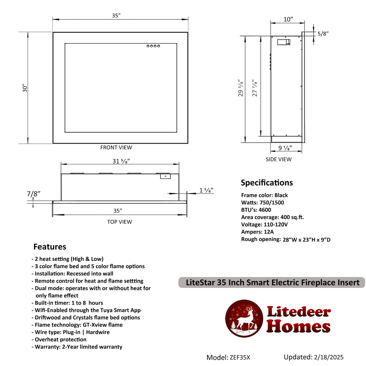 2025 New LiteStar ZEF35A β 35-inch Smart Electric Fireplace Insert π₯ Multi-Flame Style | Breathing Logs | Smart App | 5 Unique Flame Colors | Adjustable Crackling Sounds