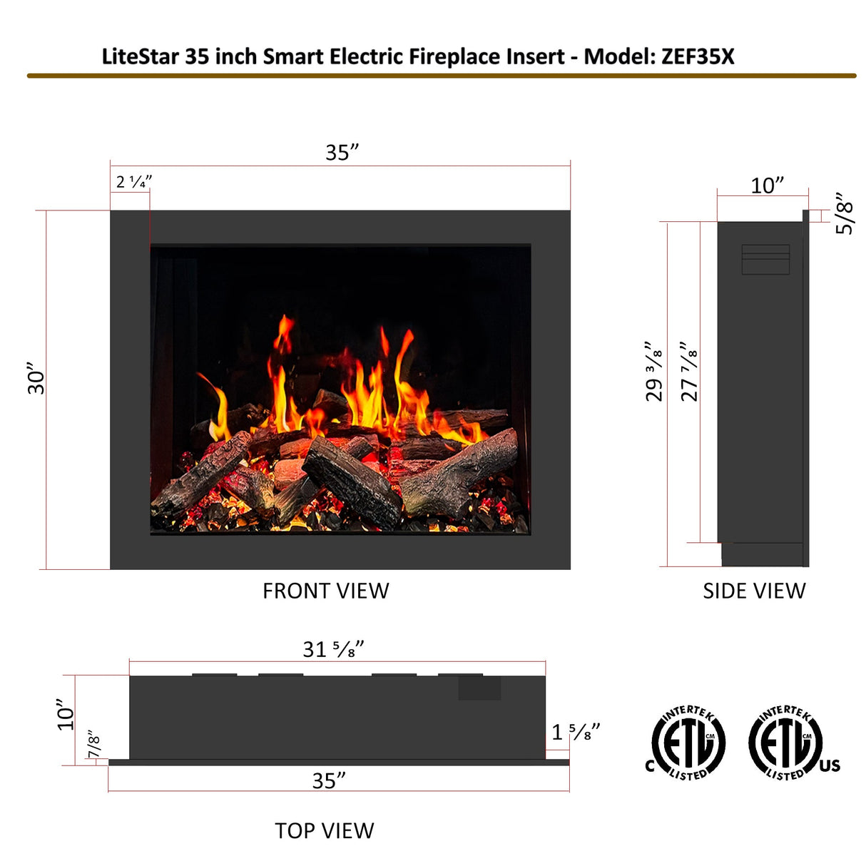 2025 New LiteStar ZEF35A β 35-inch Smart Electric Fireplace Insert π₯ Multi-Flame Style | Breathing Logs | Smart App | 5 Unique Flame Colors | Adjustable Crackling Sounds