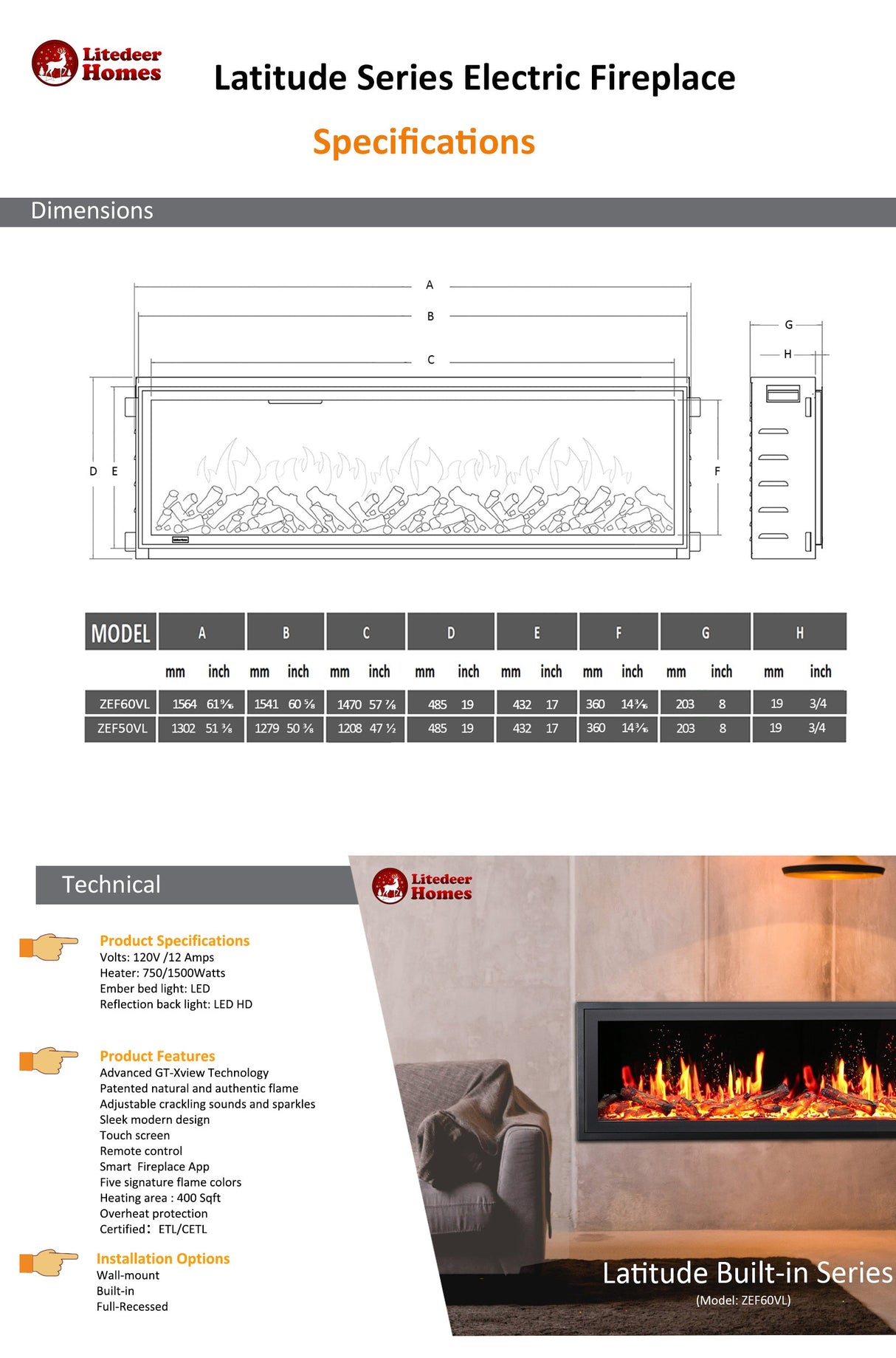 Litedeer Homes Alpine Series 60-Inch Ultra-Slim Electric Fireplace with App (Model: ZEF60VL)
