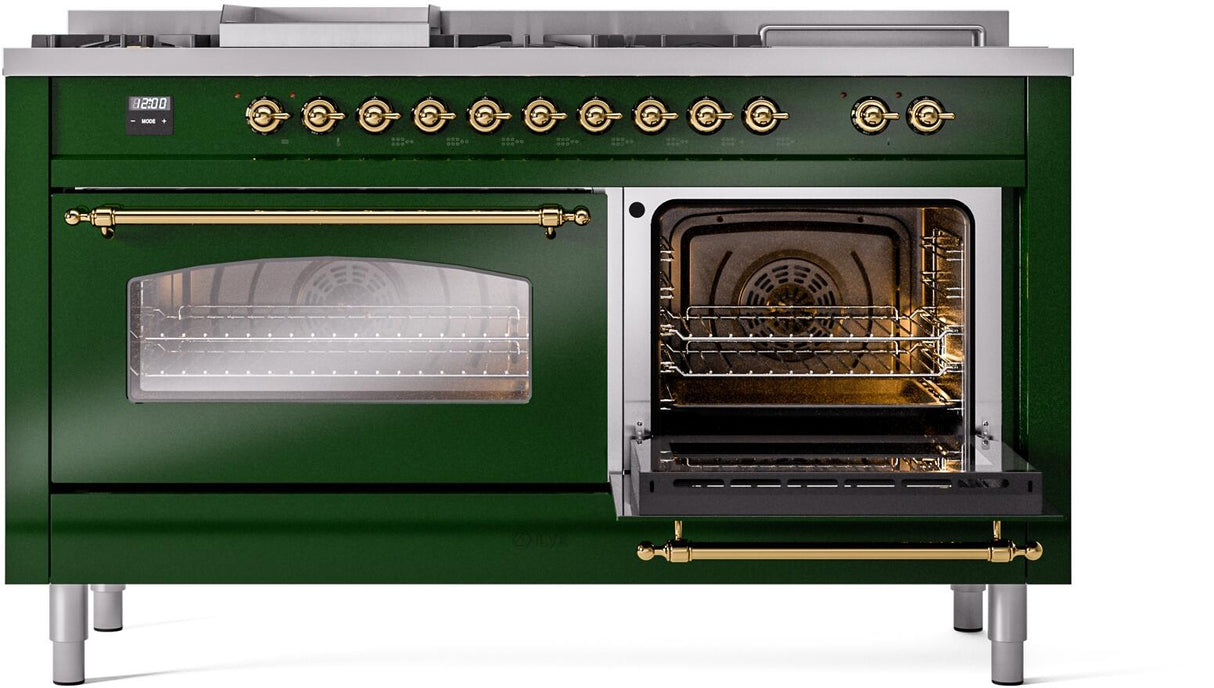 ILVE Nostalgie II 60-Inch Natural Gas Dual Fuel Range with 7 Burners, Griddle, & French Top with Triple Glass Door Oven in Emerald Green with Brass Trim (UP60FSNMPEGG)