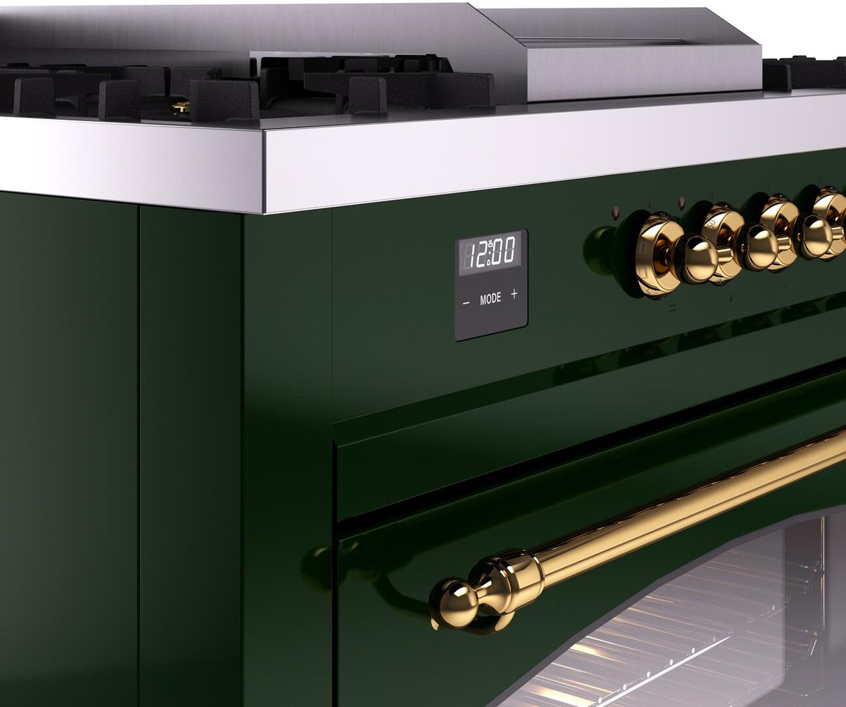 ILVE Nostalgie II 60-Inch Natural Gas Dual Fuel Range with 7 Burners, Griddle, & French Top with Triple Glass Door Oven in Emerald Green with Brass Trim (UP60FSNMPEGG)
