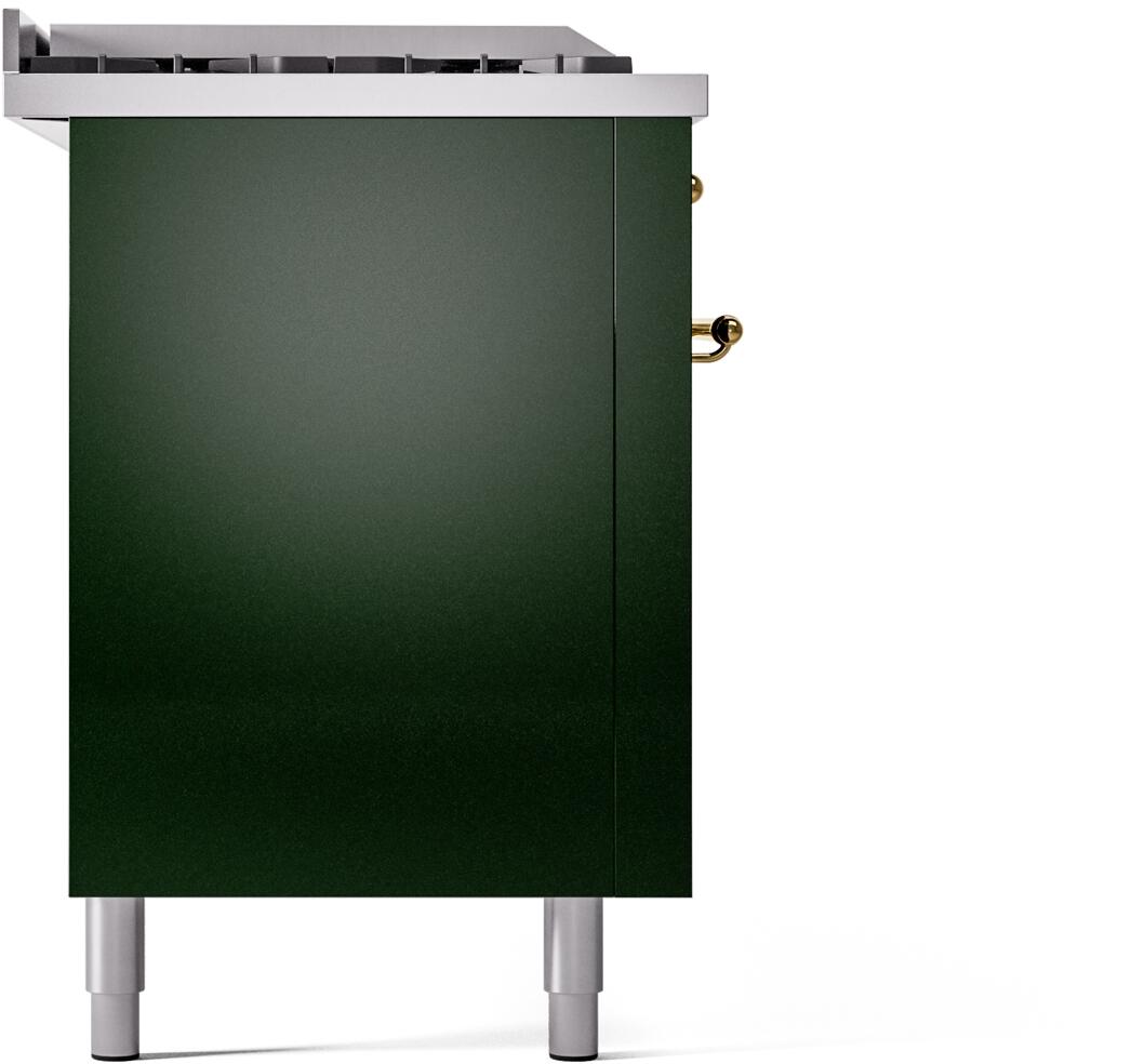 ILVE Nostalgie II 60-Inch Natural Gas Dual Fuel Range with 7 Burners, Griddle, & French Top with Triple Glass Door Oven in Emerald Green with Brass Trim (UP60FSNMPEGG)