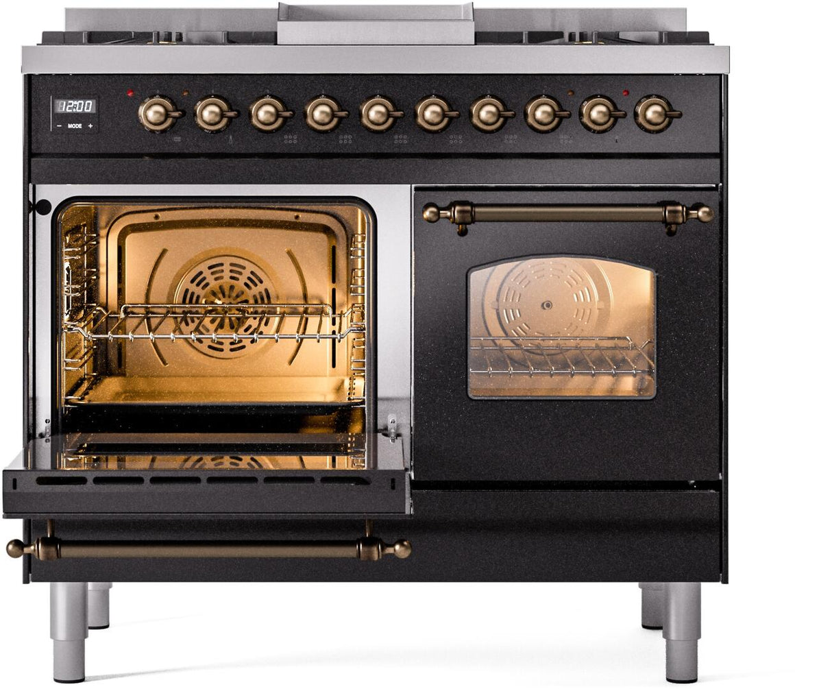 ILVE Nostalgie II 40-Inch Dual Fuel Freestanding Range in Glossy Black with Bronze Trim (UPD40FNMPBKBLP)