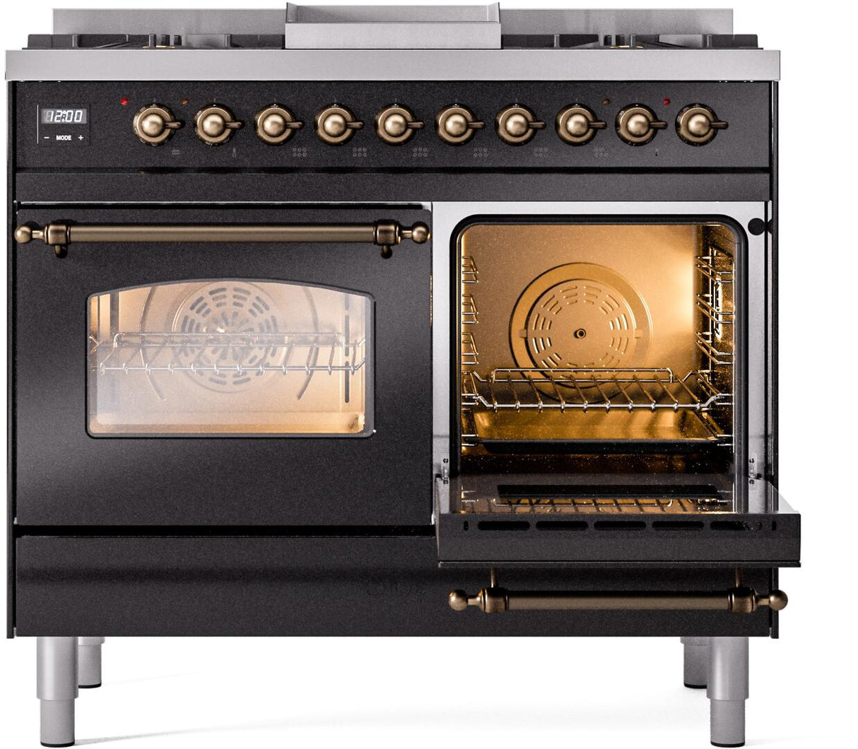 ILVE Nostalgie II 40-Inch Dual Fuel Freestanding Range in Glossy Black with Bronze Trim (UPD40FNMPBKBLP)