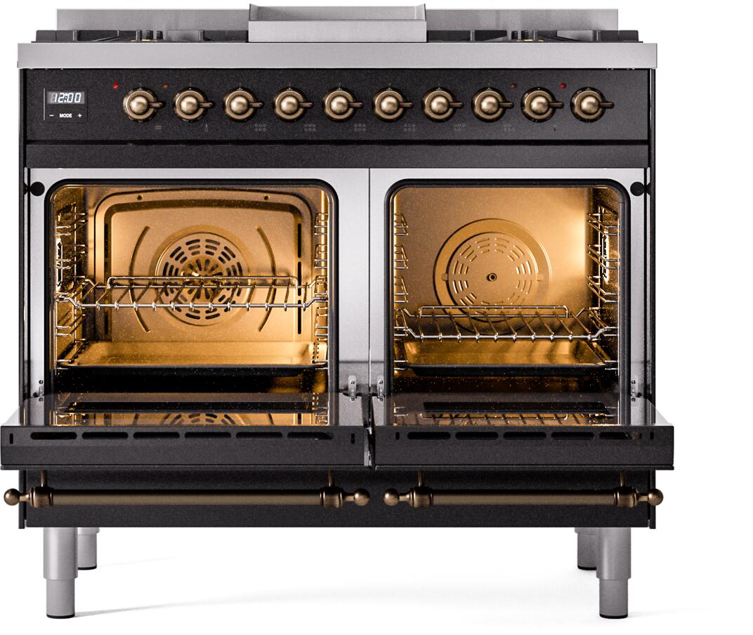 ILVE Nostalgie II 40-Inch Dual Fuel Freestanding Range in Glossy Black with Bronze Trim (UPD40FNMPBKBLP)