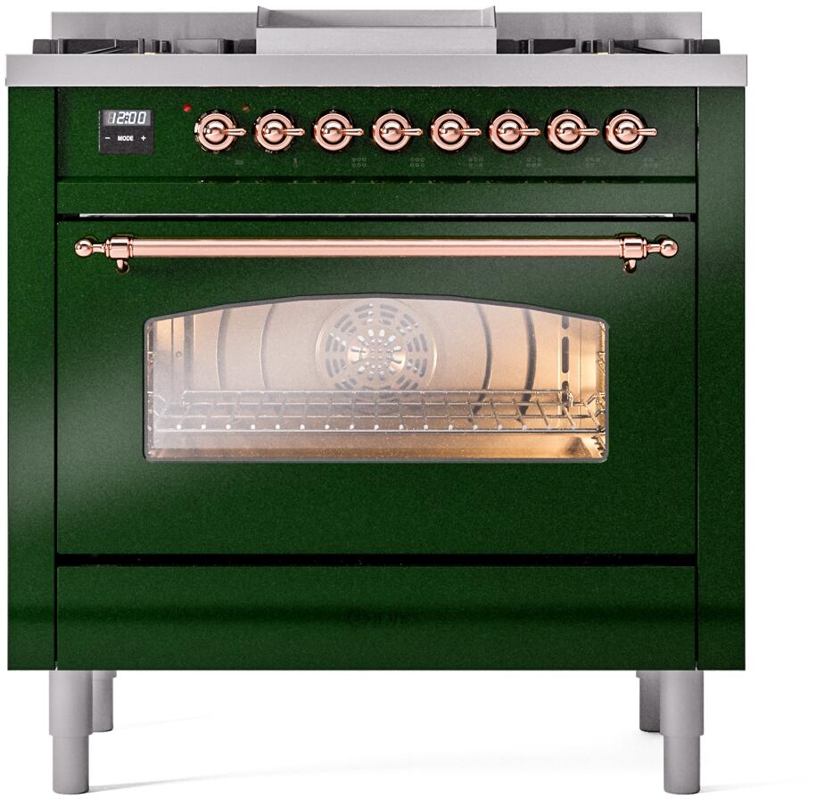 ILVE Nostalgie II 36-Inch Dual Fuel Freestanding Range in Emerald Green with Copper Trim (UP36FNMPEGPLP)