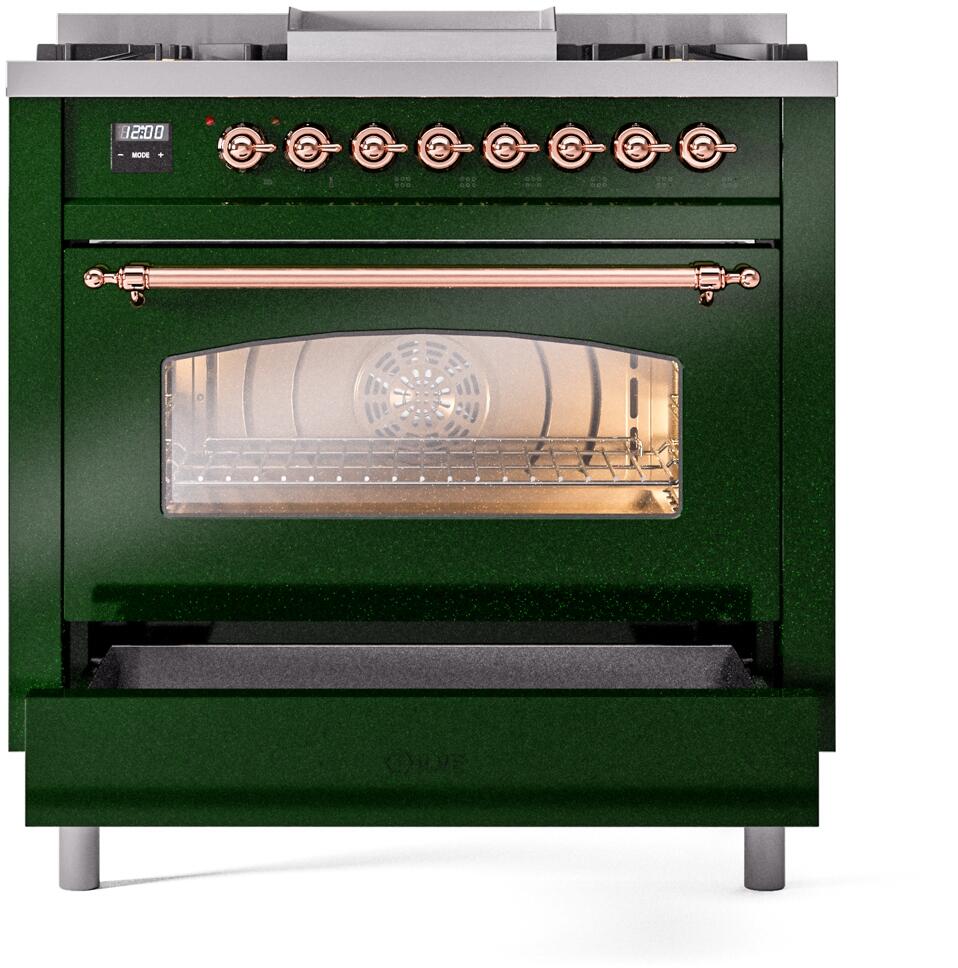 ILVE Nostalgie II 36-Inch Dual Fuel Freestanding Range in Emerald Green with Copper Trim (UP36FNMPEGPLP)