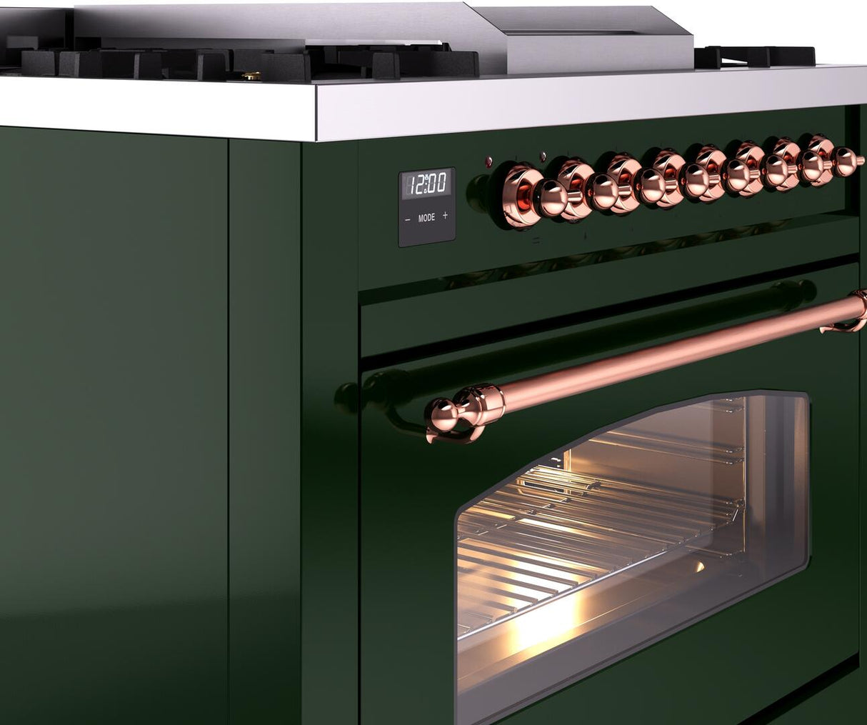 ILVE Nostalgie II 36-Inch Dual Fuel Freestanding Range in Emerald Green with Copper Trim (UP36FNMPEGPLP)
