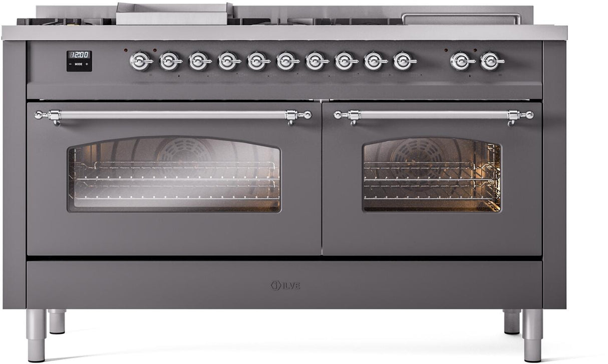 ILVE Nostalgie II 60-Inch Propane Gas Dual Fuel Range with 7 Burners, Griddle, & French Top with Triple Glass Door Oven in Matte Graphite with Chrome Trim (UP60FSNMPMGCLP)