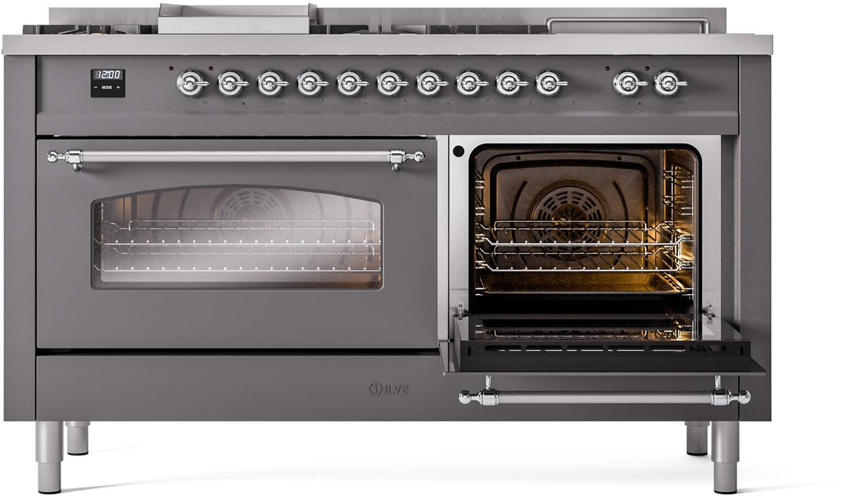 ILVE Nostalgie II 60-Inch Propane Gas Dual Fuel Range with 7 Burners, Griddle, & French Top with Triple Glass Door Oven in Matte Graphite with Chrome Trim (UP60FSNMPMGCLP)