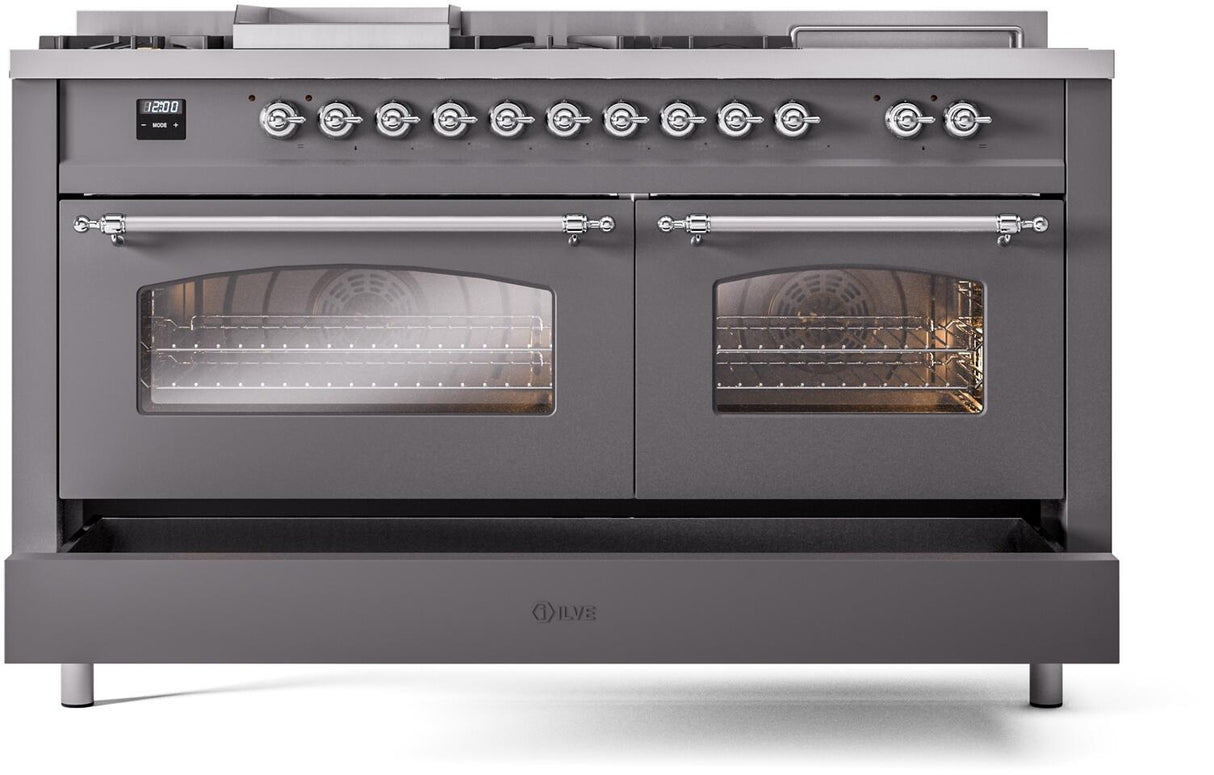 ILVE Nostalgie II 60-Inch Propane Gas Dual Fuel Range with 7 Burners, Griddle, & French Top with Triple Glass Door Oven in Matte Graphite with Chrome Trim (UP60FSNMPMGCLP)