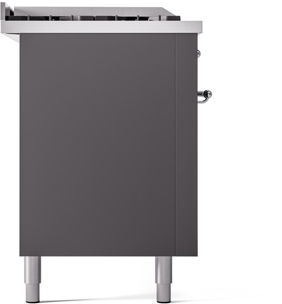 ILVE Nostalgie II 60-Inch Propane Gas Dual Fuel Range with 7 Burners, Griddle, & French Top with Triple Glass Door Oven in Matte Graphite with Chrome Trim (UP60FSNMPMGCLP)