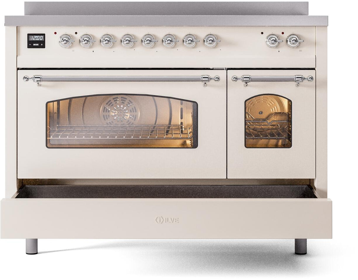 ILVE Nostalgie II 48-Inch Freestanding Electric Induction Range in Antique White with Chrome Trim (UPI486NMPAWC)