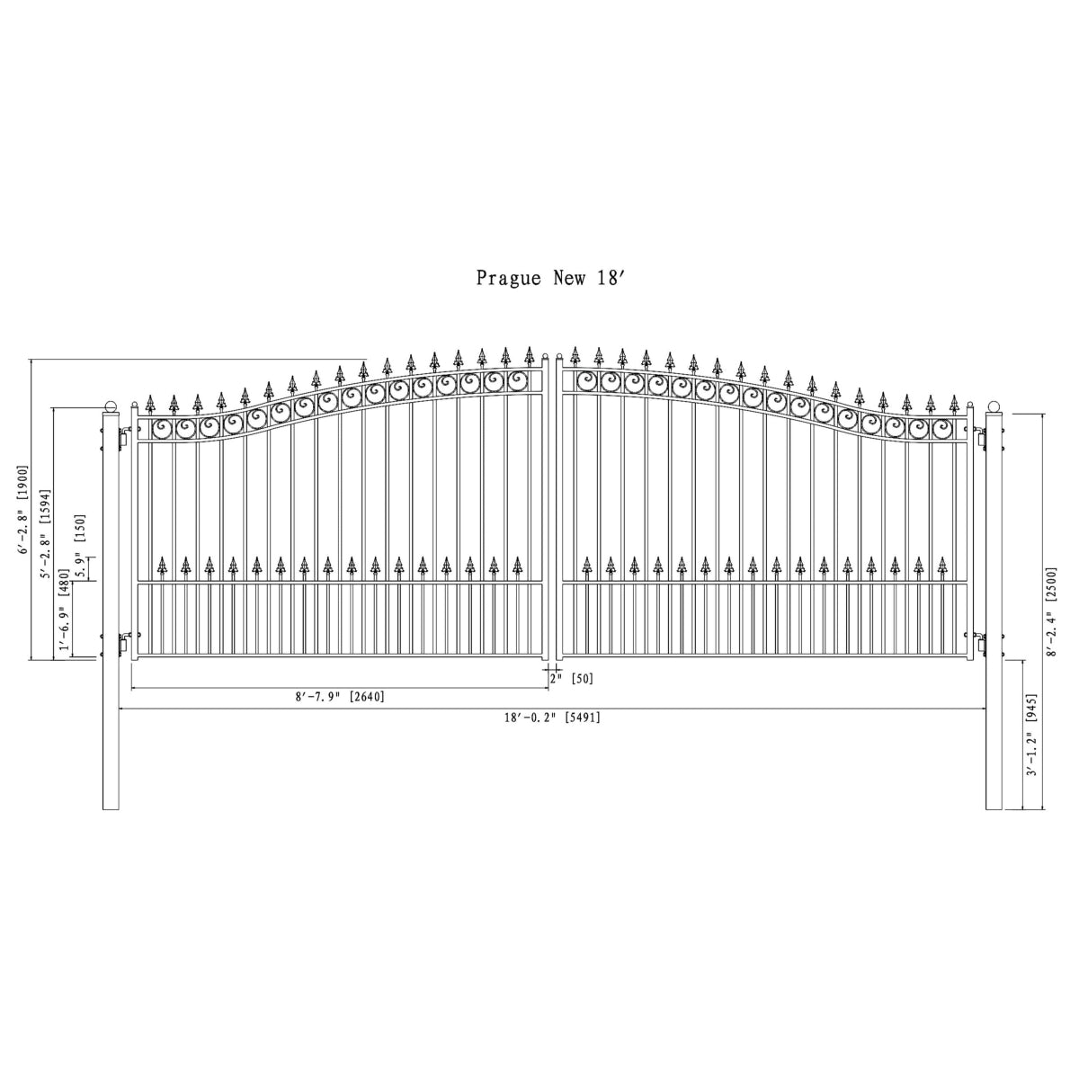 18'x6' Steel Dual Swing Driveway Gate - PRAGUE Style