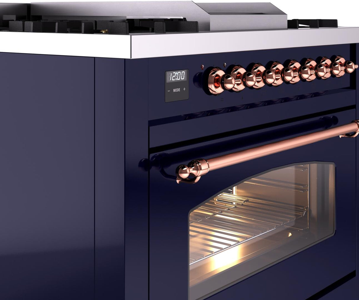 ILVE Nostalgie II 36-Inch Dual Fuel Freestanding Range in Midnight Blue with Copper Trim (UP36FNMPMBPLP)