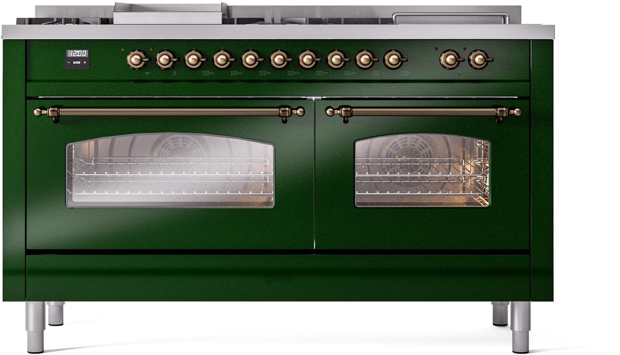 ILVE Nostalgie II 60-inch Natural Gas Dual Fuel Range with 7 Burners, Griddle, & French Top with Triple Glass Door Oven in Emerald Green with Bronze Trim (UP60FSNMPEGB)