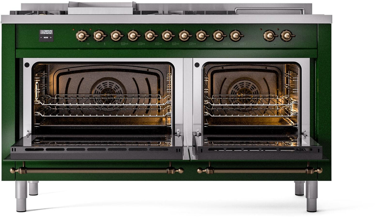 ILVE Nostalgie II 60-inch Natural Gas Dual Fuel Range with 7 Burners, Griddle, & French Top with Triple Glass Door Oven in Emerald Green with Bronze Trim (UP60FSNMPEGB)