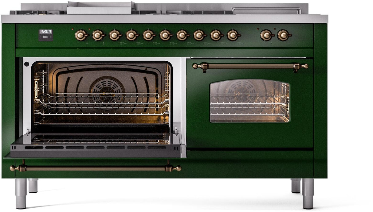 ILVE Nostalgie II 60-inch Natural Gas Dual Fuel Range with 7 Burners, Griddle, & French Top with Triple Glass Door Oven in Emerald Green with Bronze Trim (UP60FSNMPEGB)
