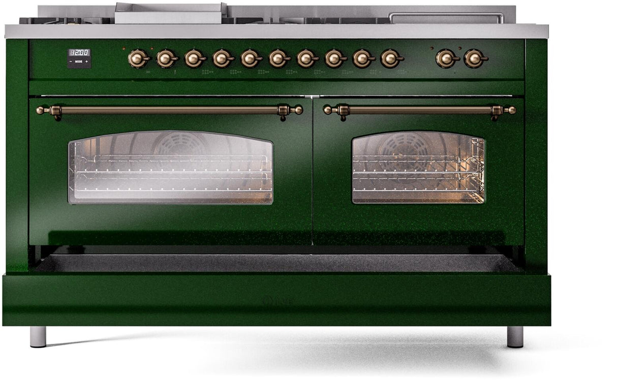 ILVE Nostalgie II 60-inch Natural Gas Dual Fuel Range with 7 Burners, Griddle, & French Top with Triple Glass Door Oven in Emerald Green with Bronze Trim (UP60FSNMPEGB)