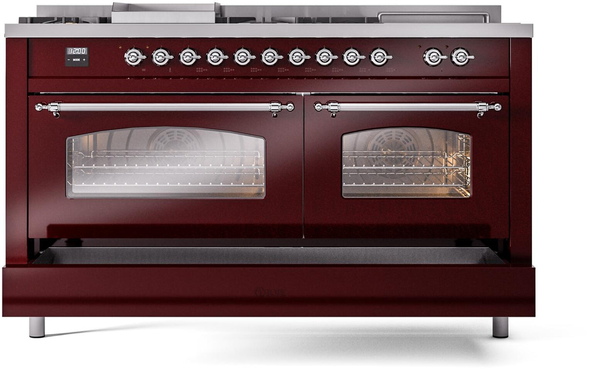 ILVE Nostalgie II 60-Inch Dual Fuel Range with 7 Burners, Griddle, & French Top with Triple Glass Door Oven in Burgundy with Chrome Trim (UP60FSNMPBUC)