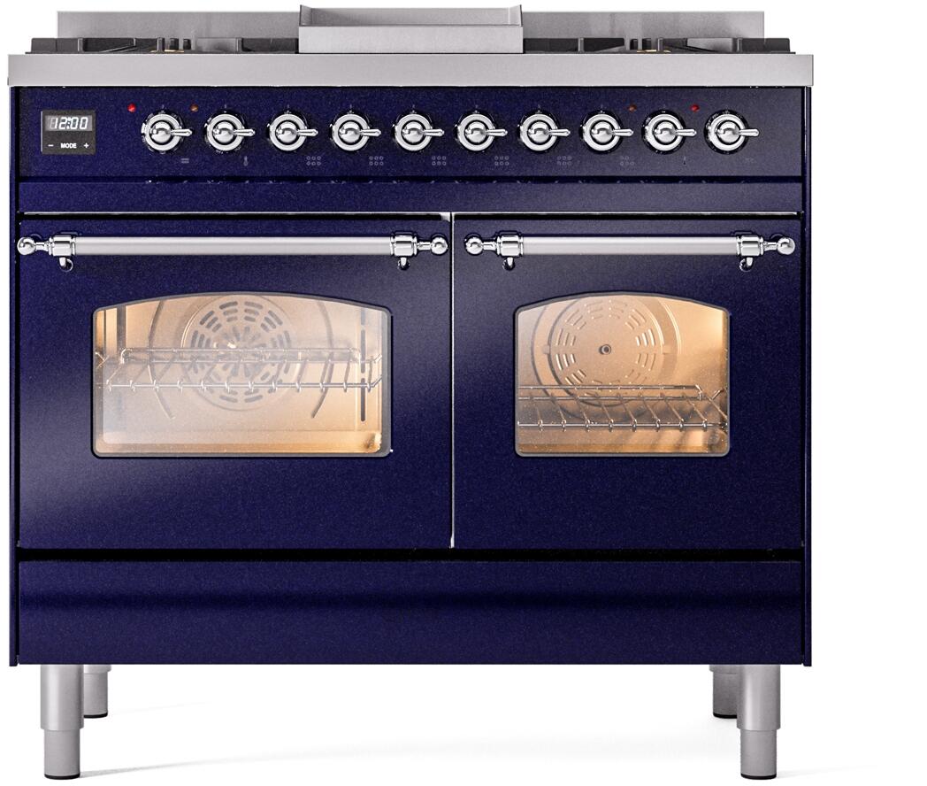 ILVE Nostalgie II 40-Inch Dual Fuel Freestanding Range in Midnight Blue with Chrome Trim (UPD40FNMPMBCLP)