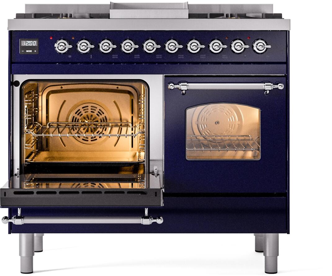 ILVE Nostalgie II 40-Inch Dual Fuel Freestanding Range in Midnight Blue with Chrome Trim (UPD40FNMPMBCLP)