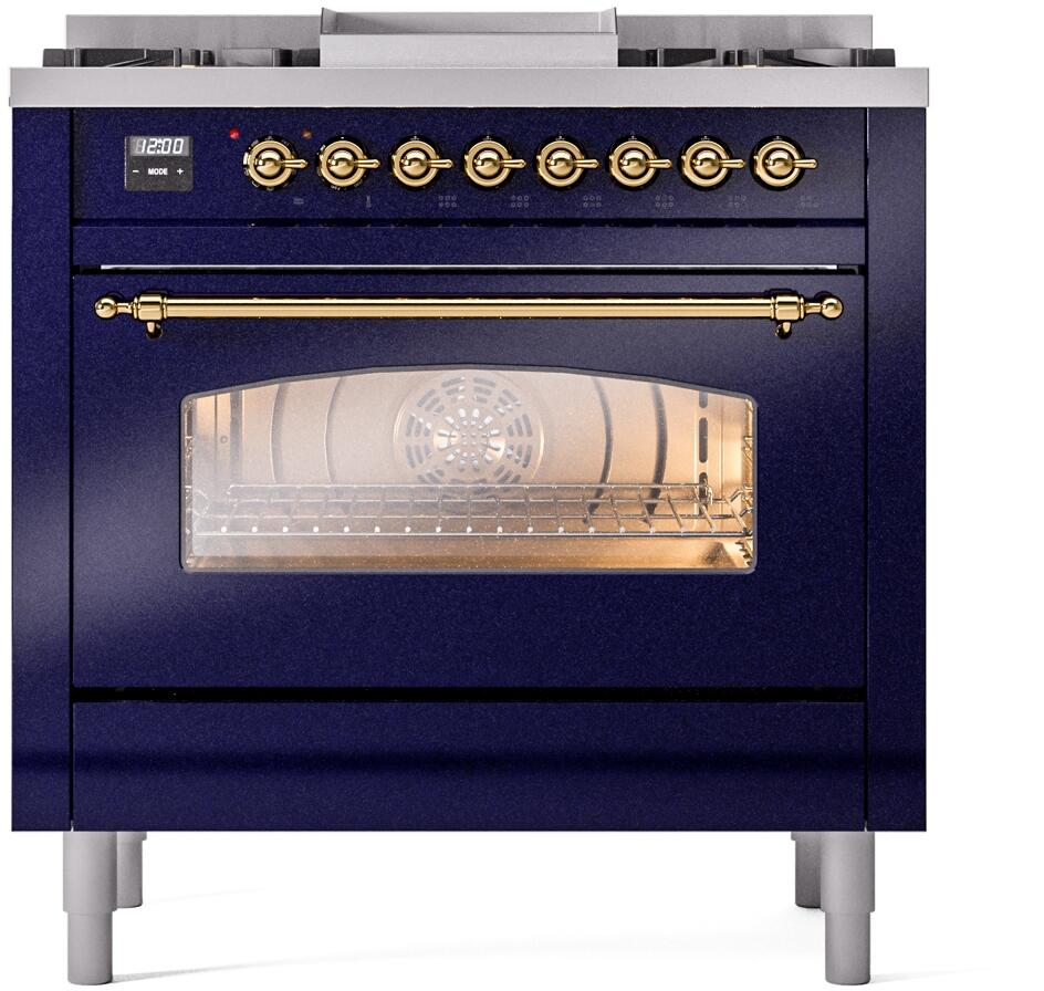 ILVE Nostalgie II 36-Inch Dual Fuel Freestanding Range in Midnight Blue with Brass Trim (UP36FNMPMBGLP)