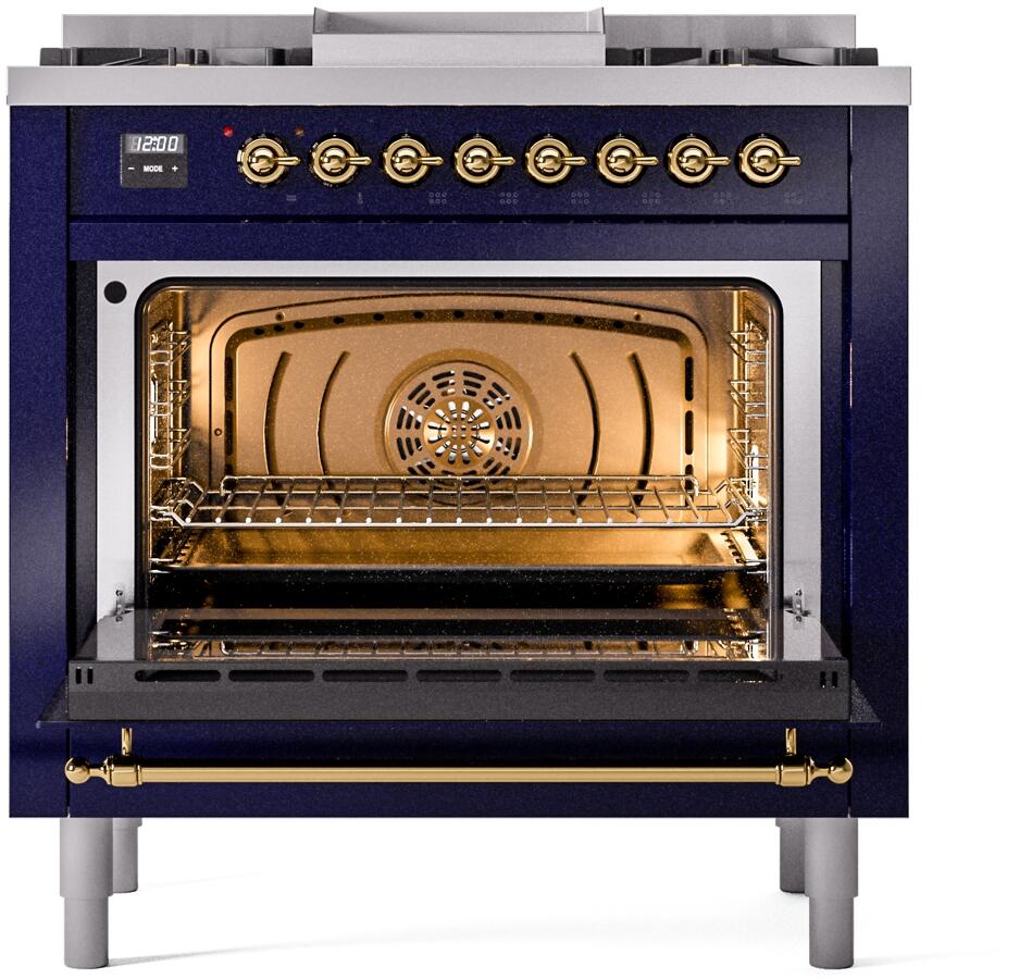 ILVE Nostalgie II 36-Inch Dual Fuel Freestanding Range in Midnight Blue with Brass Trim (UP36FNMPMBGLP)