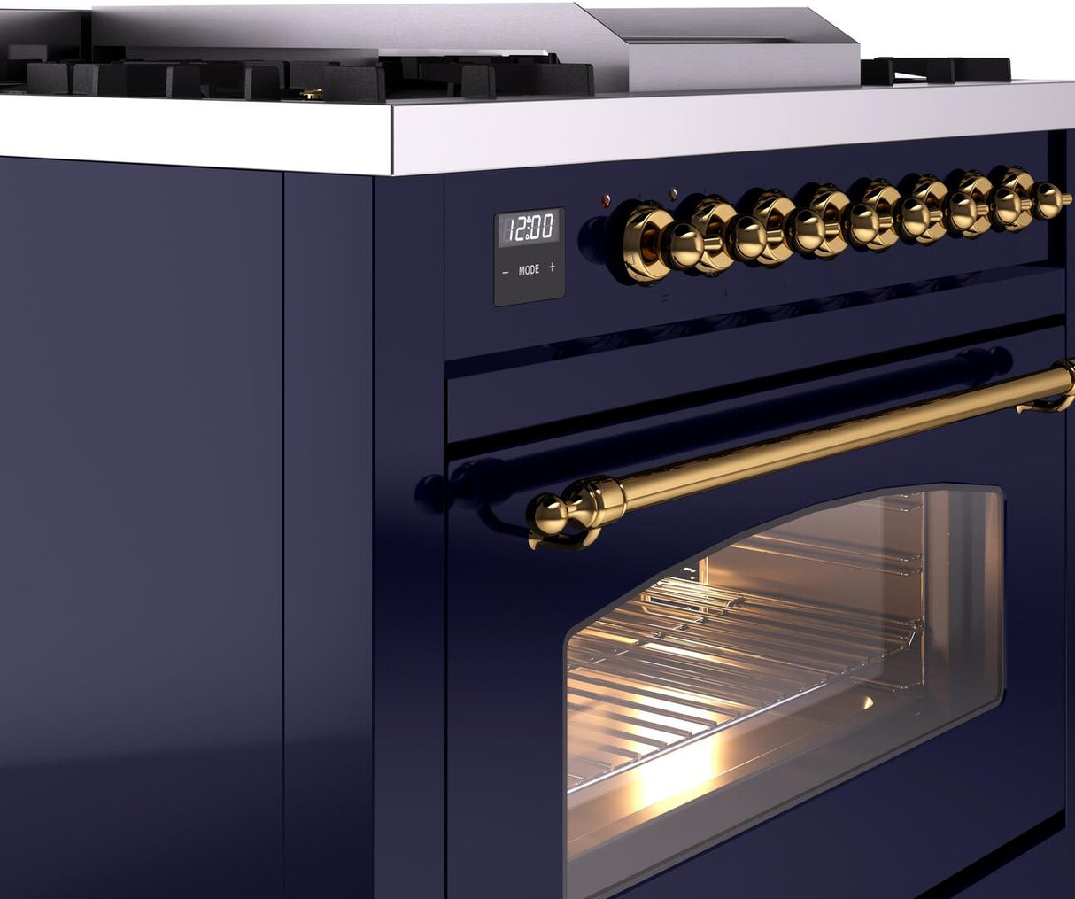 ILVE Nostalgie II 36-Inch Dual Fuel Freestanding Range in Midnight Blue with Brass Trim (UP36FNMPMBGLP)