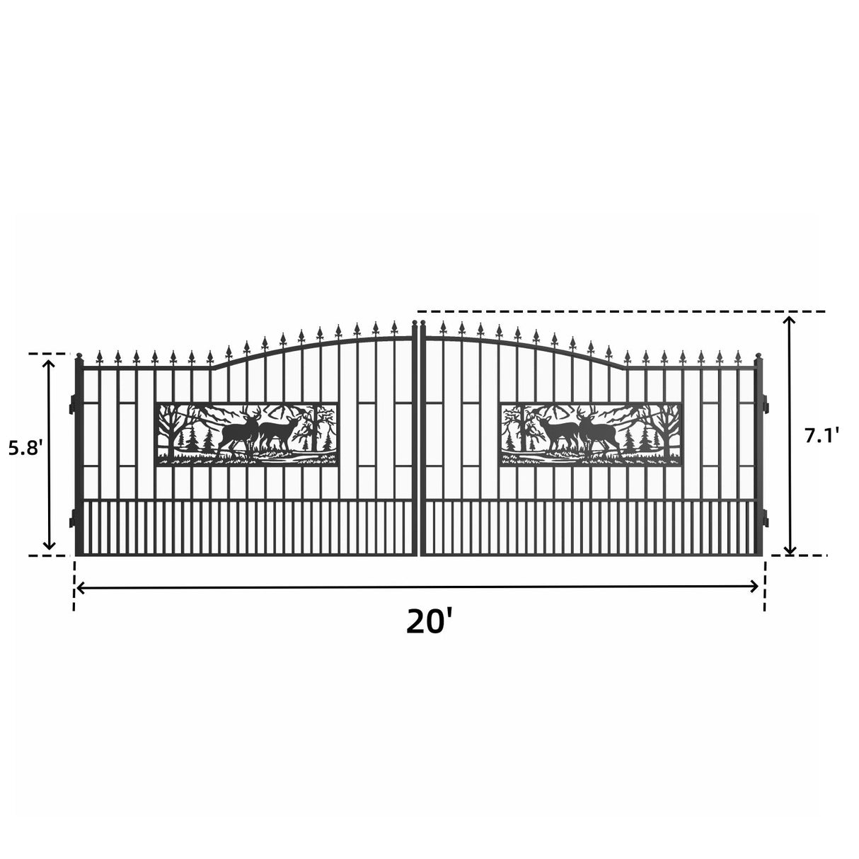20ft Dual Swing Wrought Iron Gate-Rectangular Deer