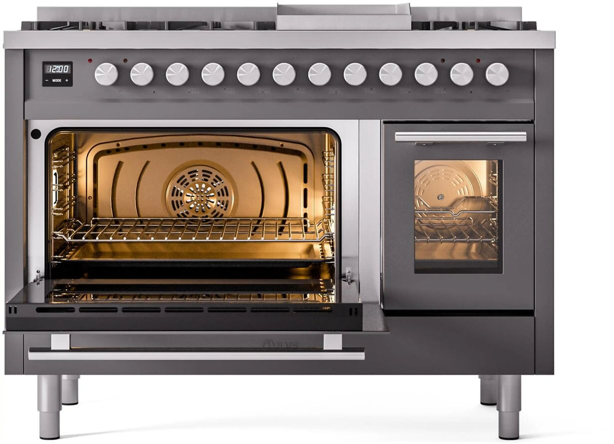 ILVE 48-Inch Professional Plus II Freestanding Natural Gas Dual Fuel Range with 8 Sealed Burner in Matte Graphite (UP48FWMPMG)