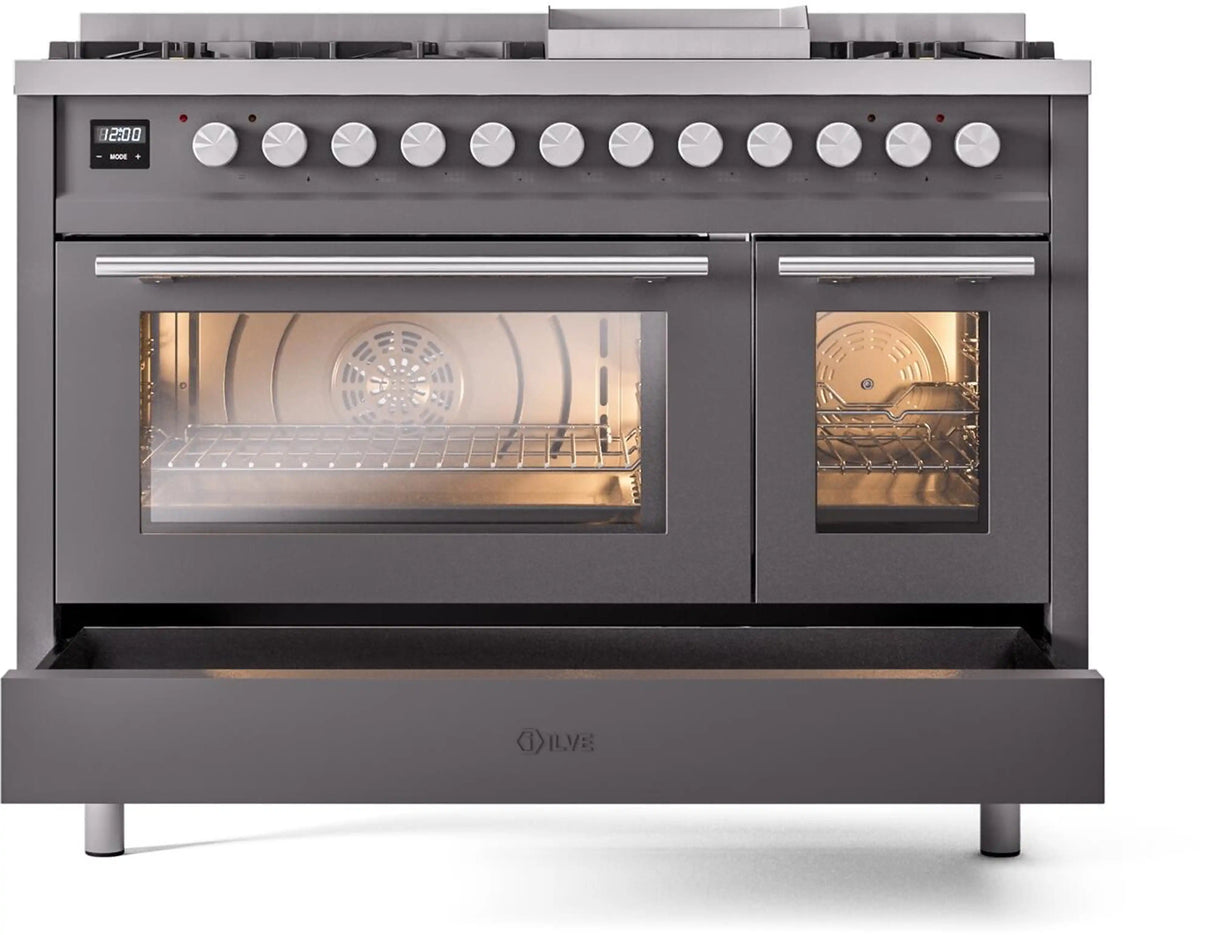 ILVE 48-Inch Professional Plus II Freestanding Natural Gas Dual Fuel Range with 8 Sealed Burner in Matte Graphite (UP48FWMPMG)