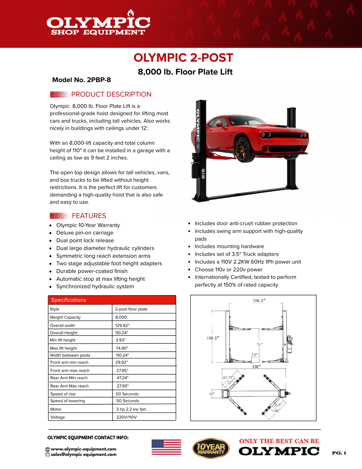 Olympic 2PBP-8 8,000-lb Base Plate 2-Post Lift - Symmetric Arms