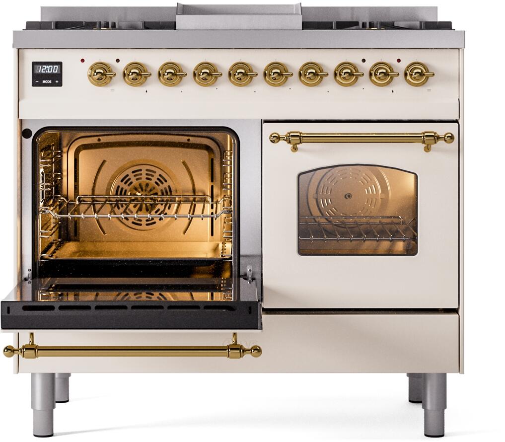 ILVE Nostalgie II 40-Inch Dual Fuel Freestanding Range in Antique White with Brass Trim (UPD40FNMPAWGLP)