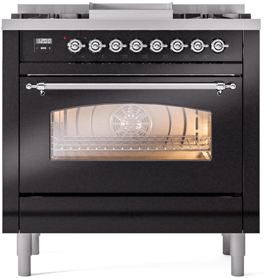 ILVE Nostalgie II 36-Inch Freestanding Natural Gas Dual Fuel Range in Glossy Black with Chrome Trim (UP36FNMPBKC)