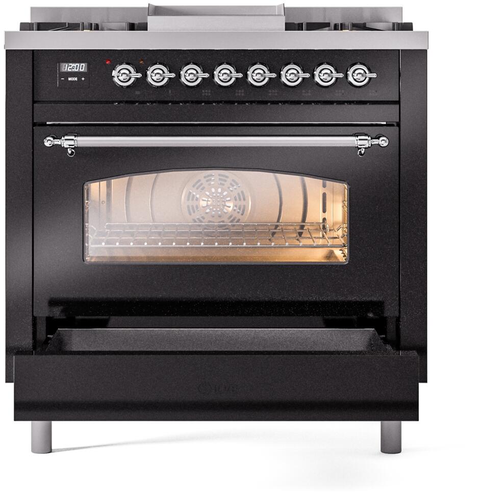 ILVE Nostalgie II 36-Inch Dual Fuel Freestanding Range in Glossy Black with Chrome Trim (UP36FNMPBKCLP)