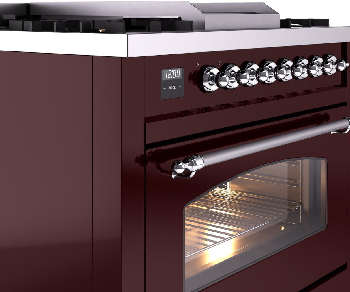 ILVE Nostalgie II 36-Inch Dual Fuel Freestanding Range in Burgundy with Chrome Trim (UP36FNMPBUCLP)