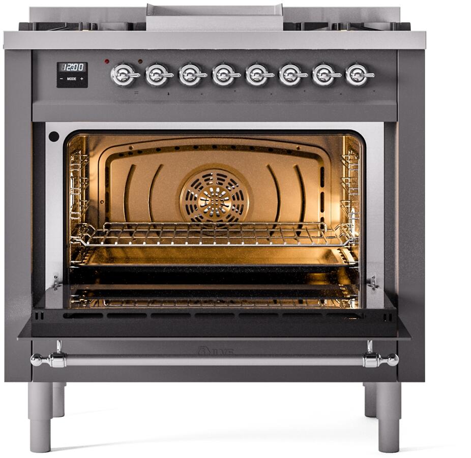 ILVE Nostalgie II 36-Inch Dual Fuel Freestanding Range in Matte Graphite with Chrome Trim (UP36FNMPMGCLP)