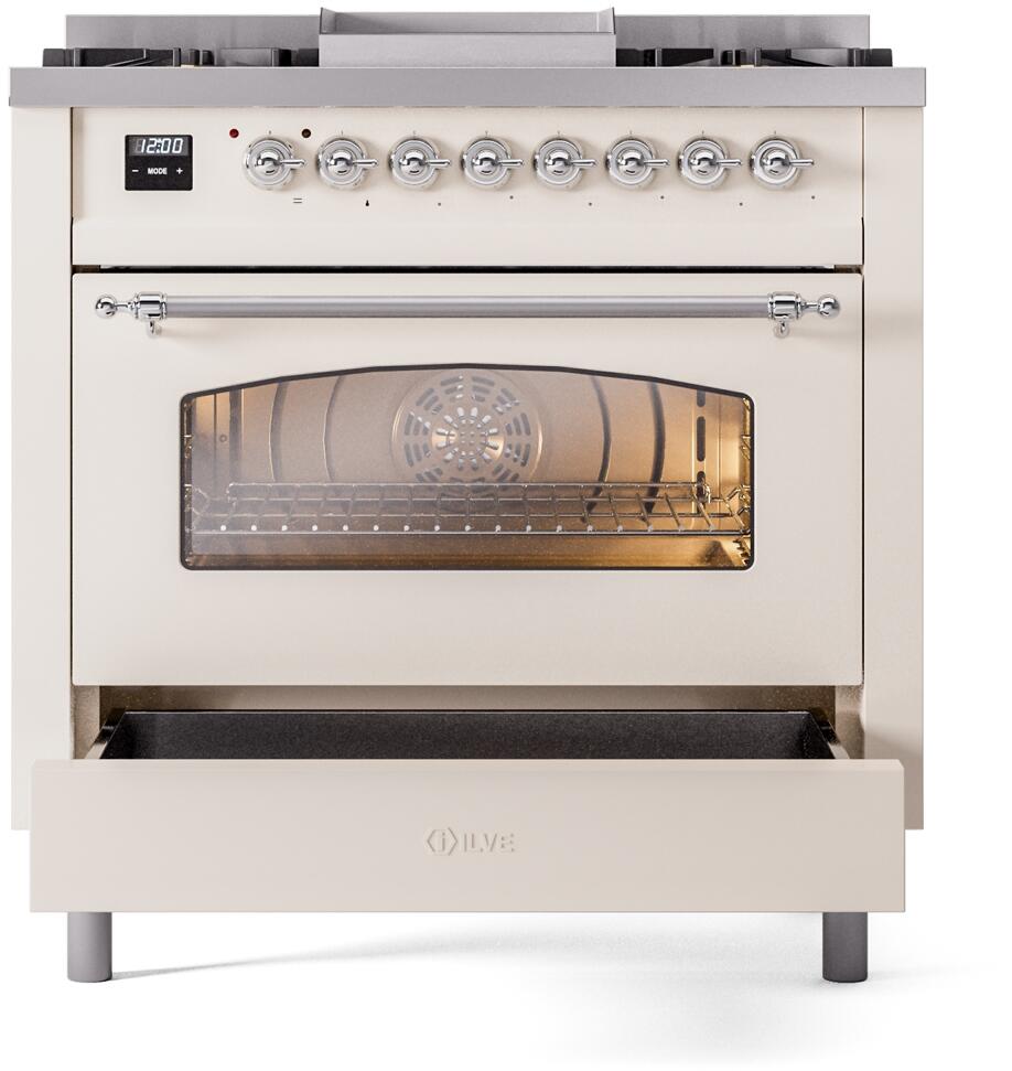ILVE Nostalgie II 36-Inch Freestanding Natural Gas Dual Fuel Range in Antique White with Chrome Trim (UP36FNMPAWC)