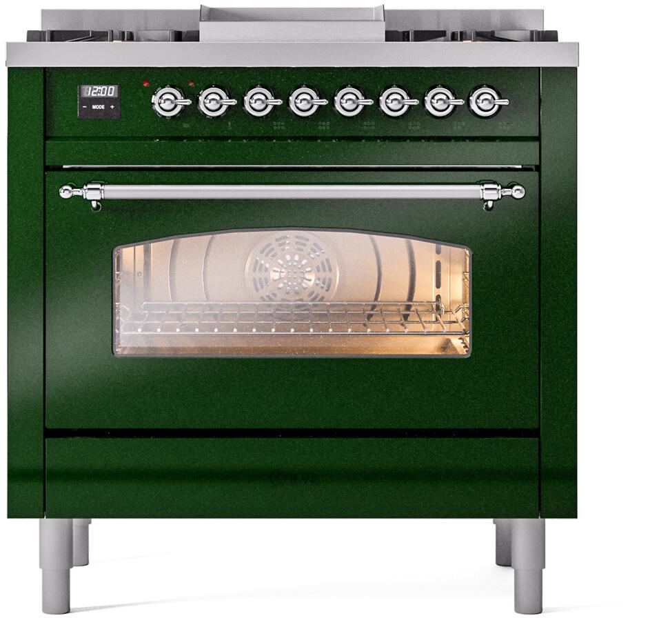 ILVE Nostalgie II 36-Inch Dual Fuel Freestanding Range in Emerald Green with Chrome Trim (UP36FNMPEGCLP)