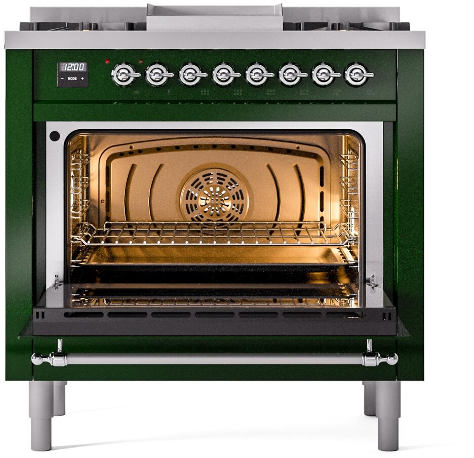 ILVE Nostalgie II 36-Inch Dual Fuel Freestanding Range in Emerald Green with Chrome Trim (UP36FNMPEGCLP)