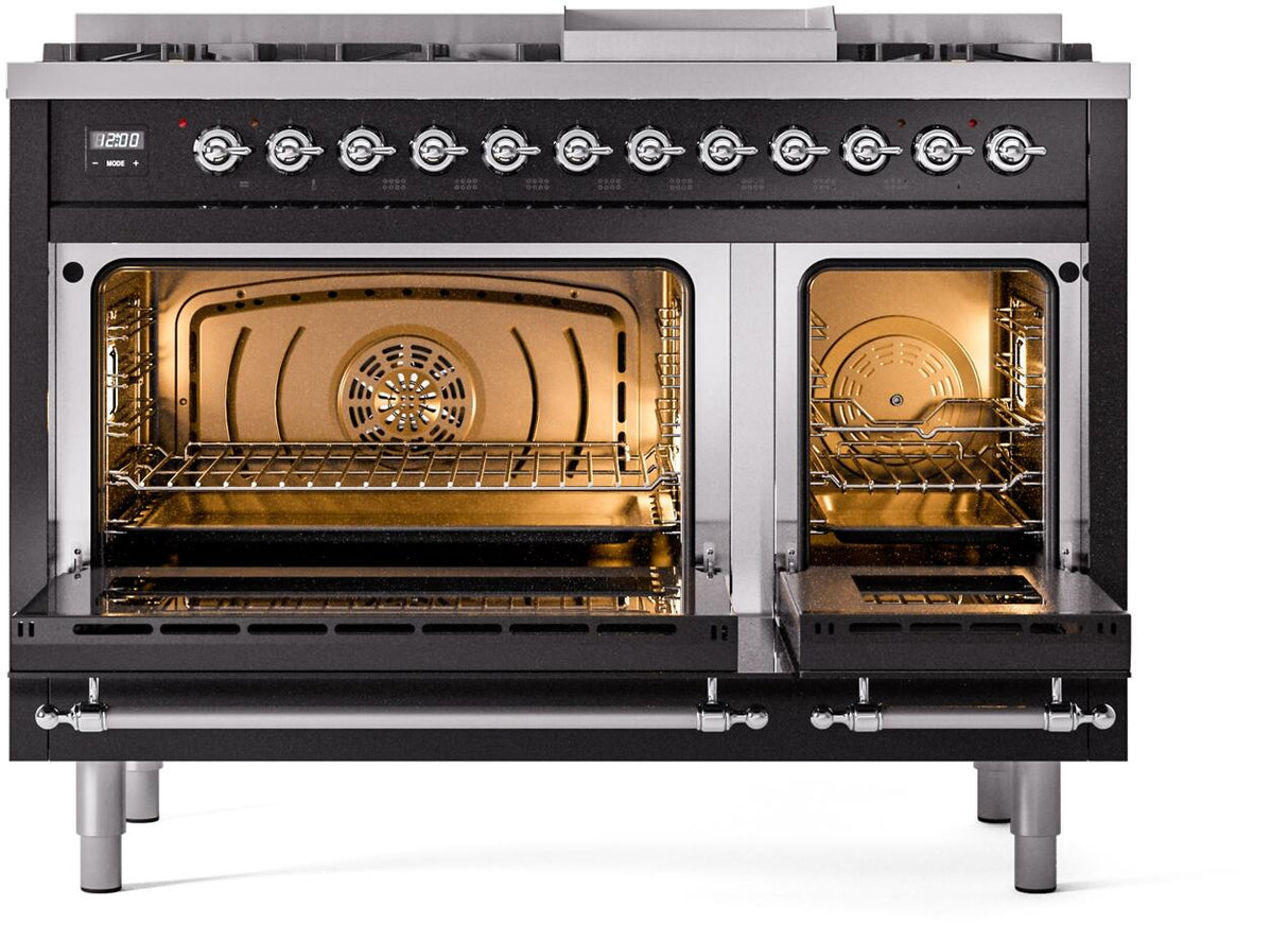 ILVE Nostalgie II 48-Inch Freestanding Natural Gas Dual Fuel Range in Glossy Black with Chrome Trim (UP48FNMPBKC)