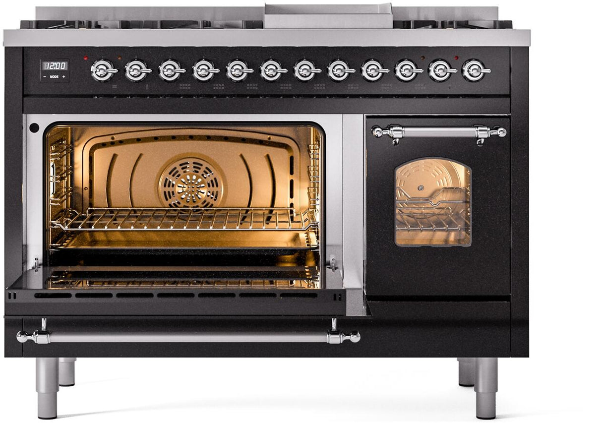 ILVE Nostalgie II 48-Inch Dual Fuel Freestanding Range in Glossy Black with Chrome Trim (UP48FNMPBKCLP)
