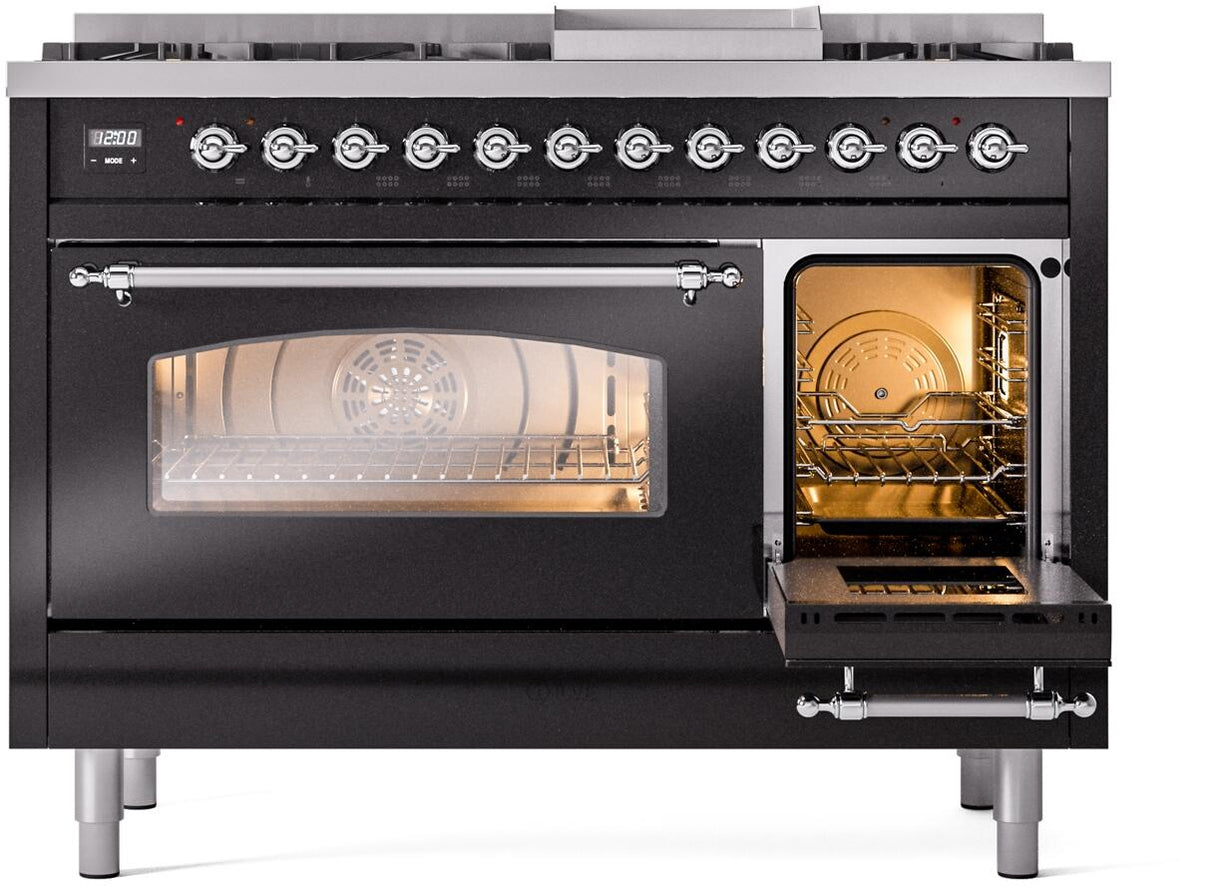 ILVE Nostalgie II 48-Inch Freestanding Natural Gas Dual Fuel Range in Glossy Black with Chrome Trim (UP48FNMPBKC)